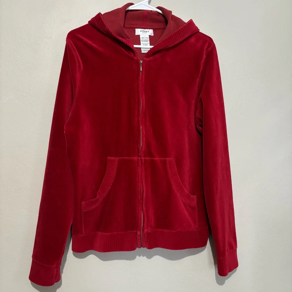Red Velvet Corduroy Hooded Full Zip Jacket Size Large Y2K Vtg - Picture 9 of 11
